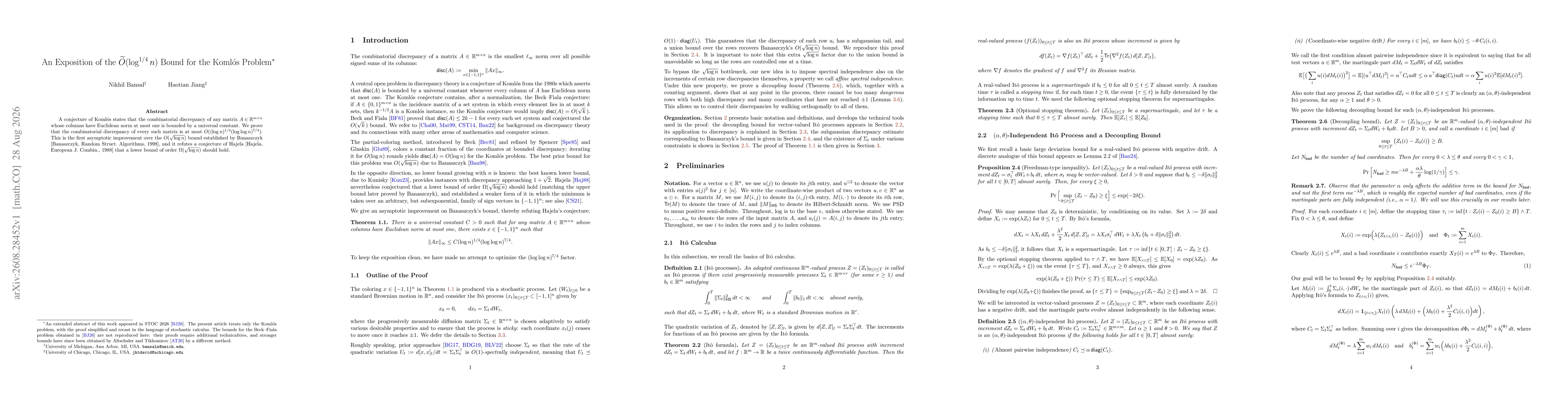 Thumbnail for An Exposition of the $\widetilde{O}(\log^{1/4} n)$ Bound for the Komlós Problem
