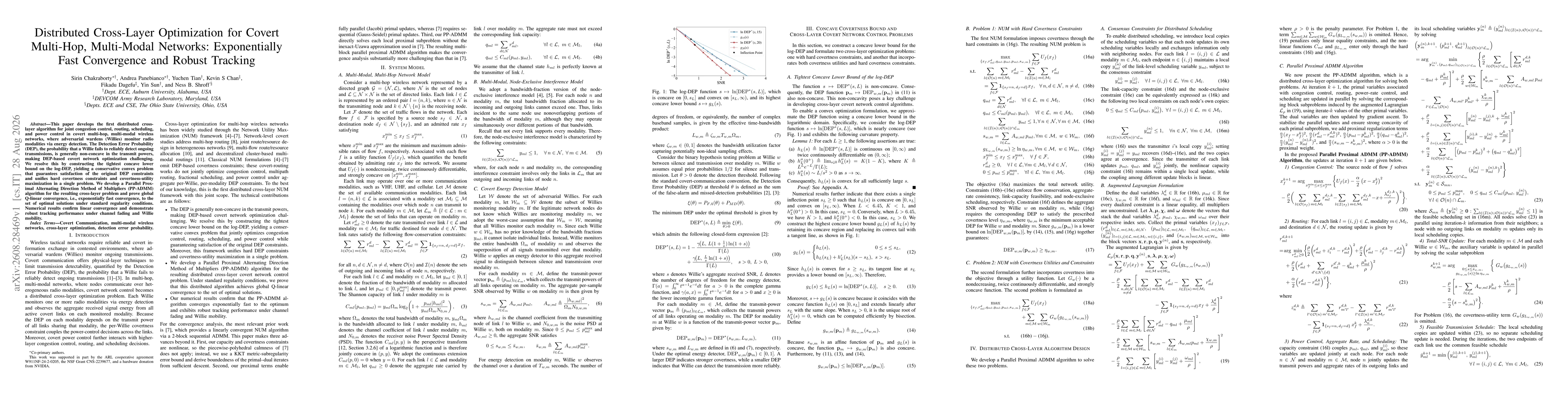 Thumbnail for Distributed Cross-Layer Optimization for Covert Multi-Hop, Multi-Modal Networks: Exponentially Fast Convergence and Robust Tracking