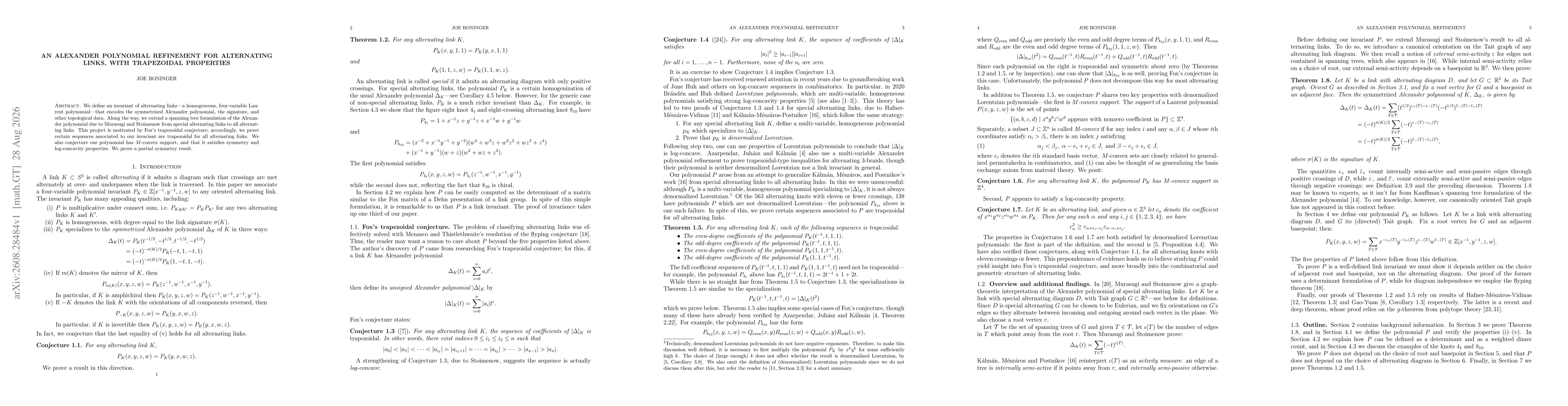 Thumbnail for An Alexander Polynomial Refinement for Alternating Links, with Trapezoidal Properties