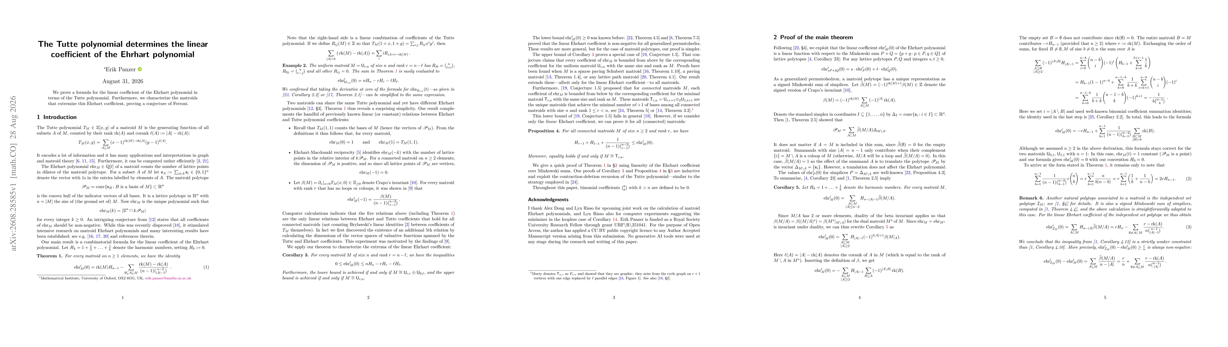 Thumbnail for The Tutte polynomial determines the linear coefficient of the Ehrhart polynomial