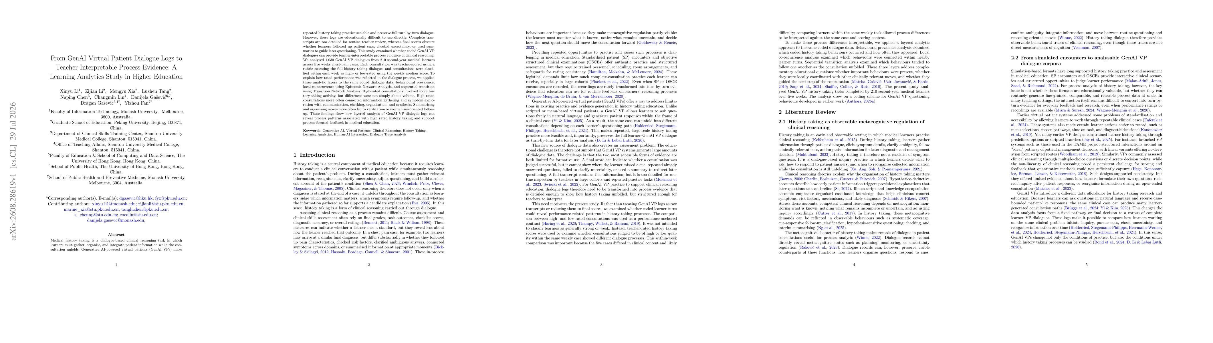 Thumbnail for From GenAI Virtual Patient Dialogue Logs to Teacher-Interpretable Process Evidence: A Learning Analytics Study in Higher Education
