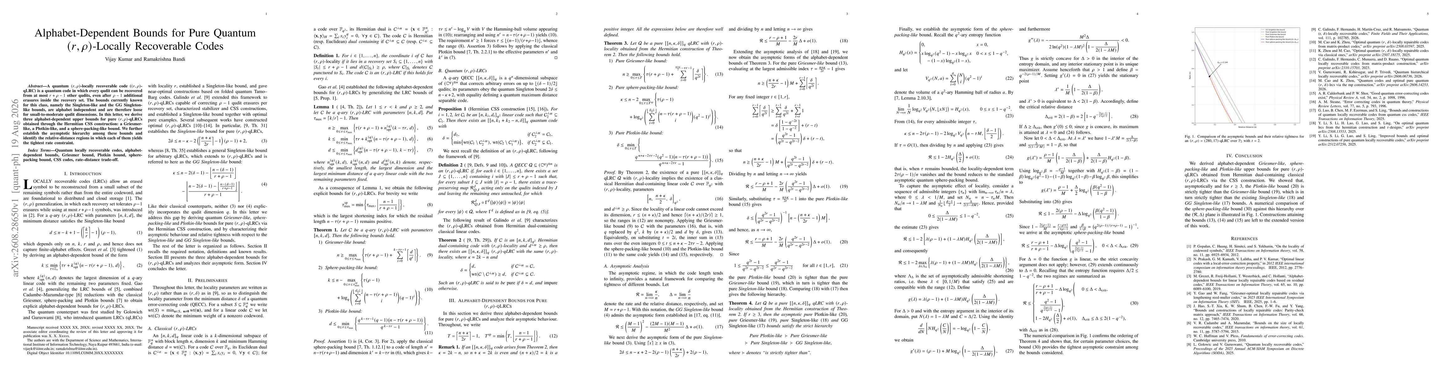 Thumbnail for Alphabet-Dependent Bounds for Pure Quantum $(r,ρ)$-Locally Recoverable Codes