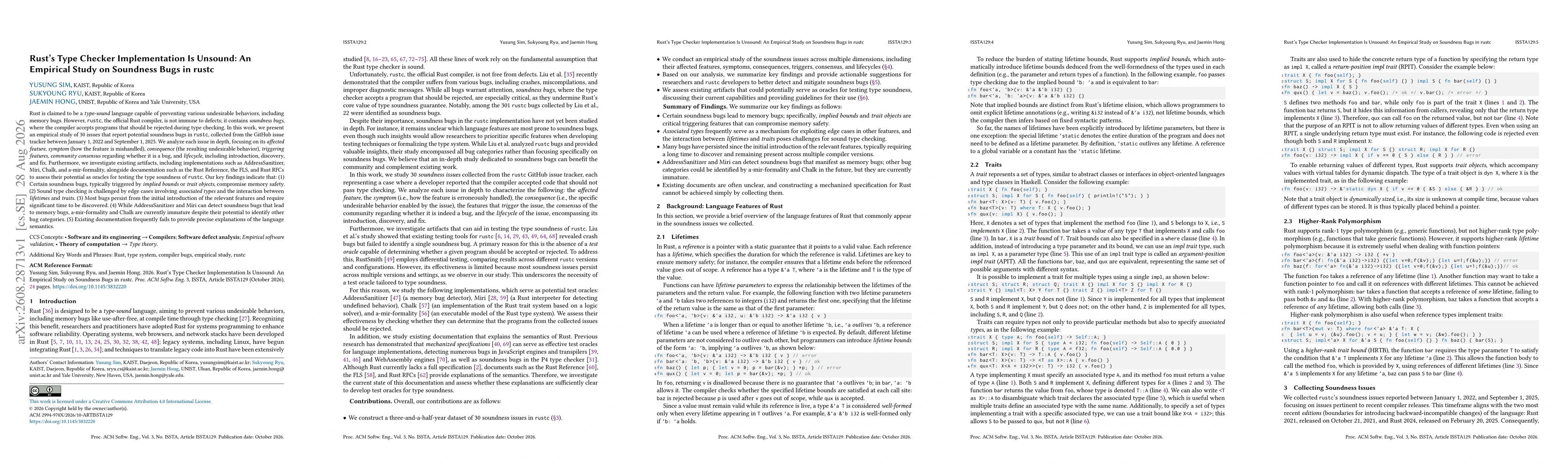Thumbnail for Rust's Type Checker Implementation Is Unsound: An Empirical Study on Soundness Bugs in rustc