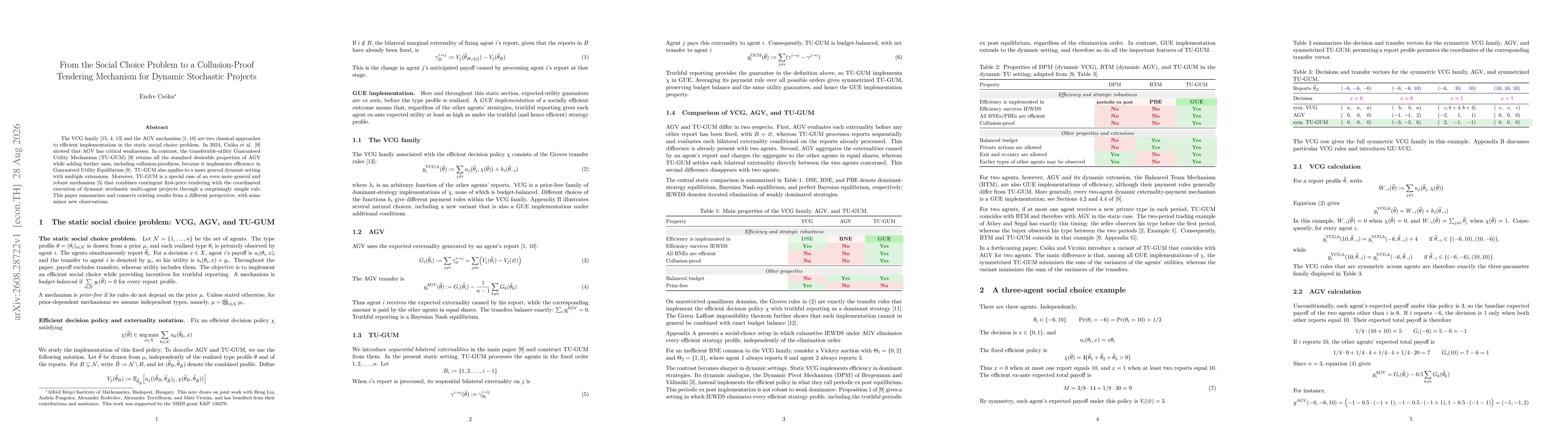 Thumbnail for From the Social Choice Problem to a Collusion-Proof Tendering Mechanism for Dynamic Stochastic Projects