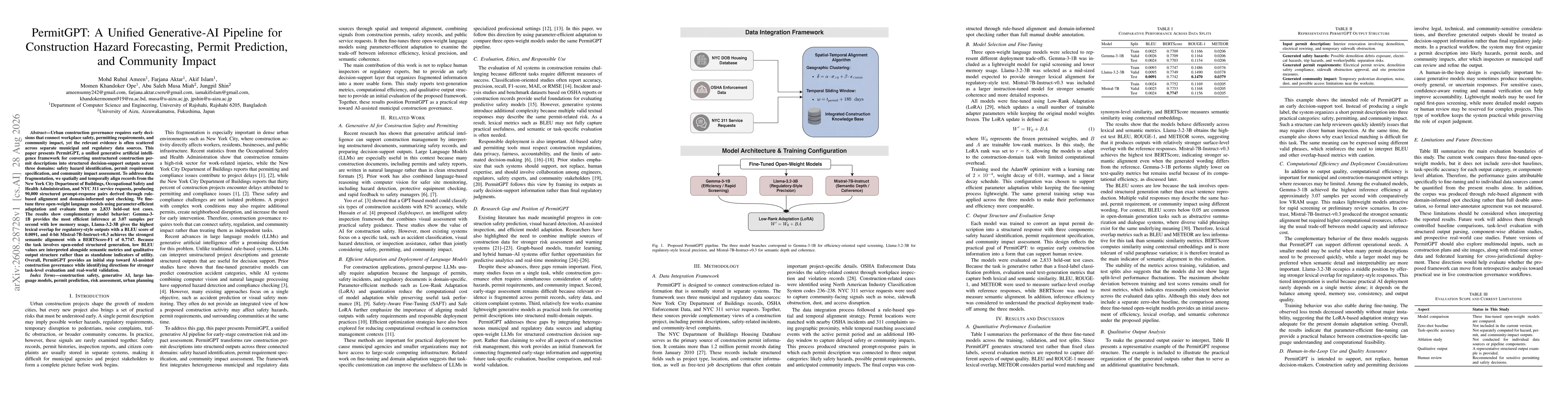 Thumbnail for PermitGPT: A Unified Generative-AI Pipeline for Construction Hazard Forecasting, Permit Prediction, and Community Impact