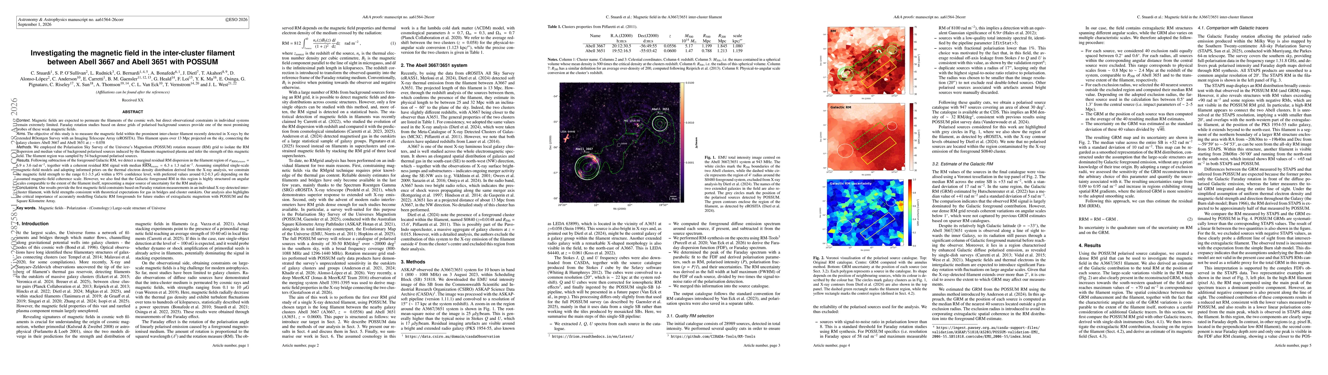 Thumbnail for Investigating the magnetic field in the inter-cluster filament between Abell 3667 and Abell 3651 with POSSUM