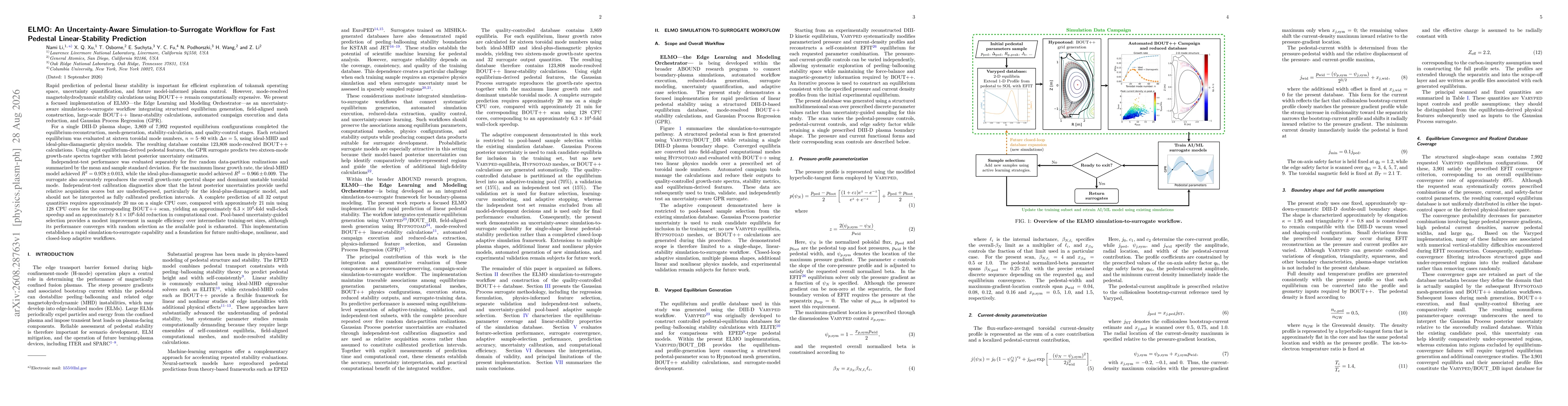 Thumbnail for ELMO: An Uncertainty-Aware Simulation-to-Surrogate Workflow for Fast Pedestal Linear-Stability Prediction