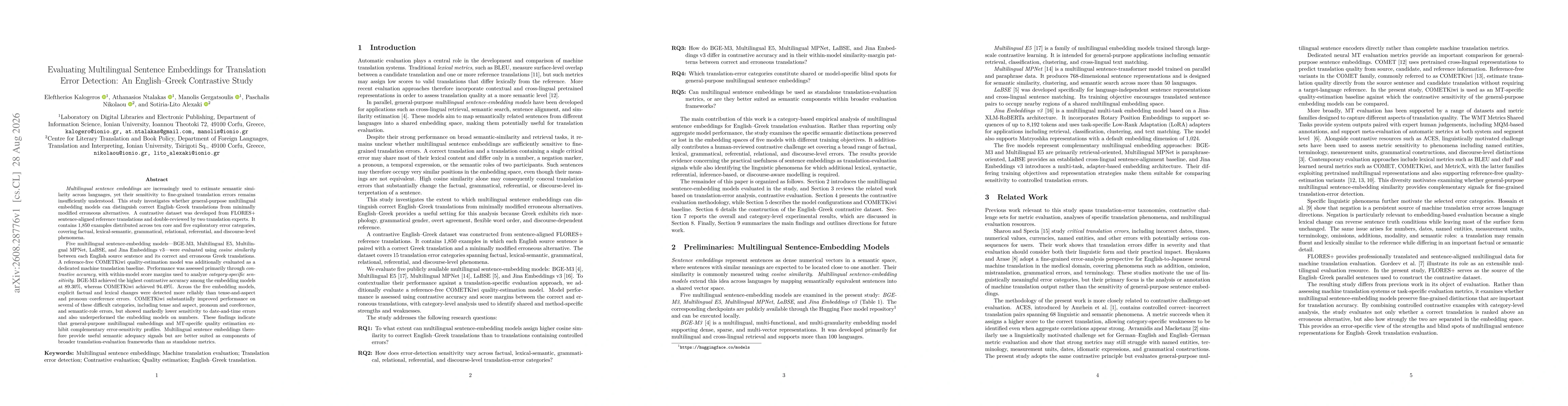 Thumbnail for Evaluating Multilingual Sentence Embeddings for Translation Error Detection:An English--Greek Contrastive Study