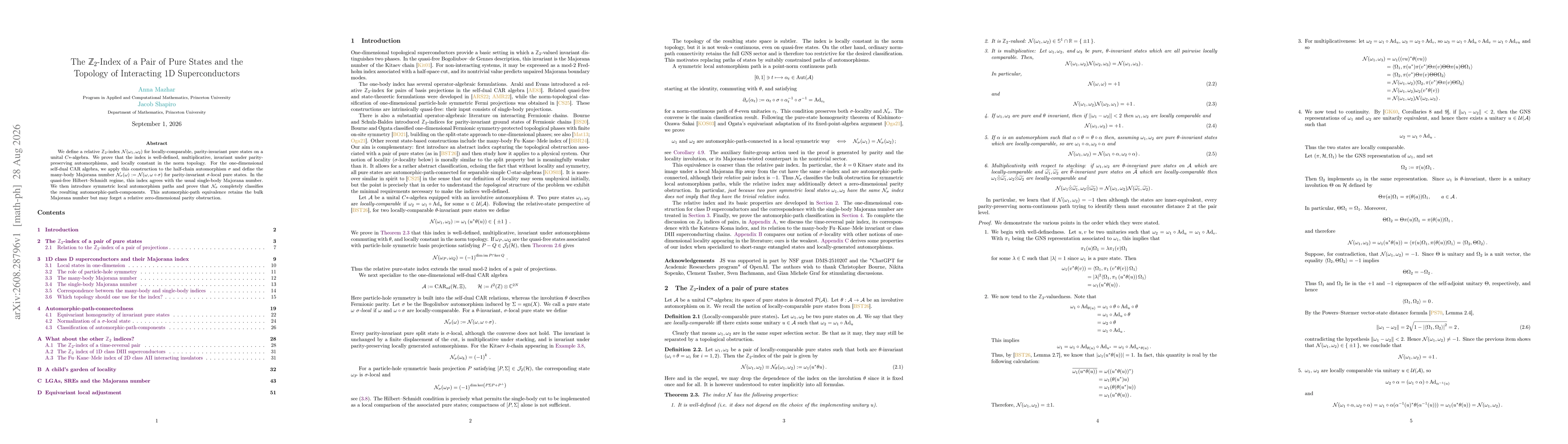 Thumbnail for The $\mathbb{Z}_2$-Index of a Pair of Pure States and the Topology of Interacting 1D Superconductors