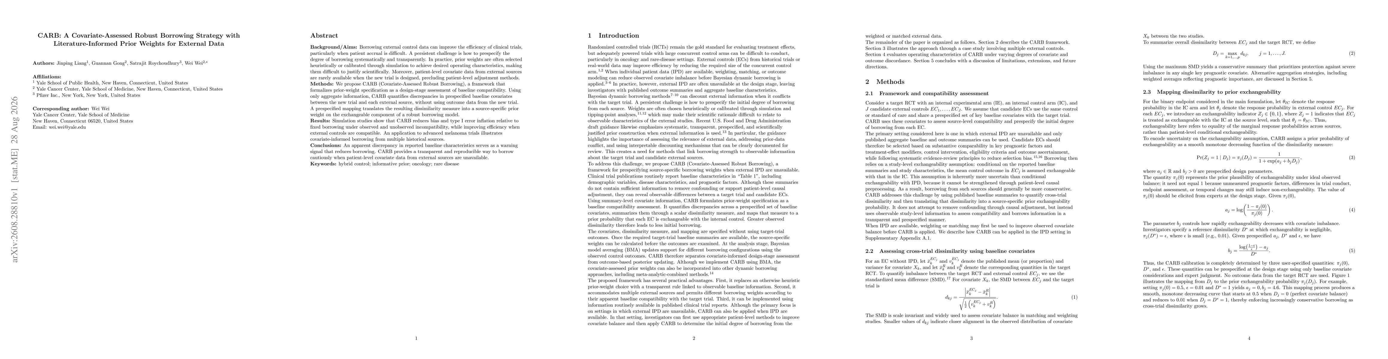 Thumbnail for CARB: A Covariate-Assessed Robust Borrowing Strategy with Literature-Informed Prior Weights for External Data