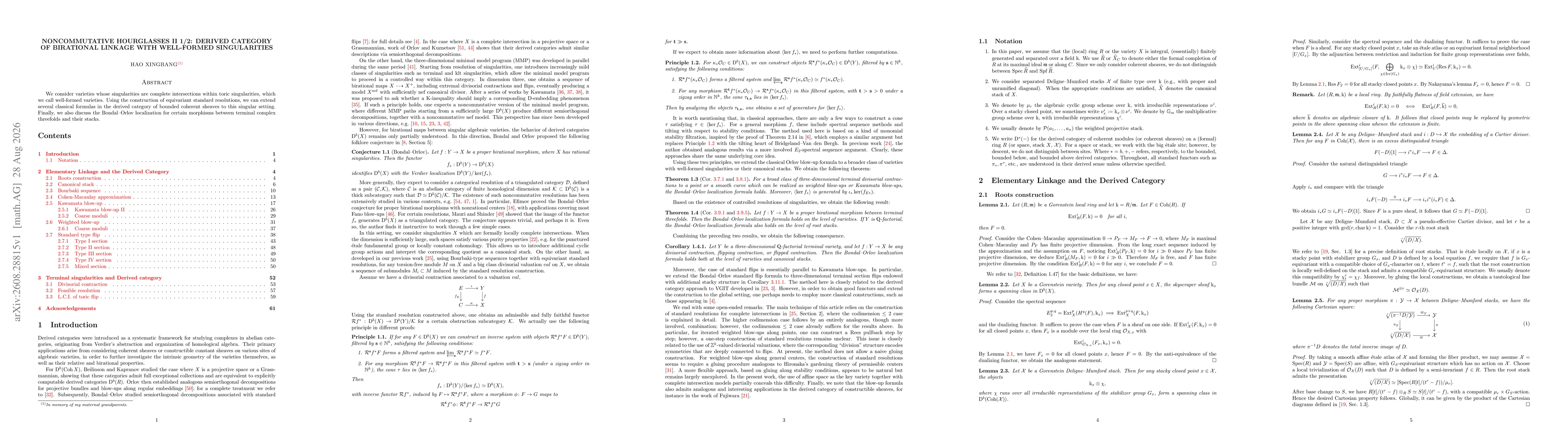 Thumbnail for Noncommutative Hourglasses II 1/2: Derived Category of Birational Linkage with Well-Formed Singularities