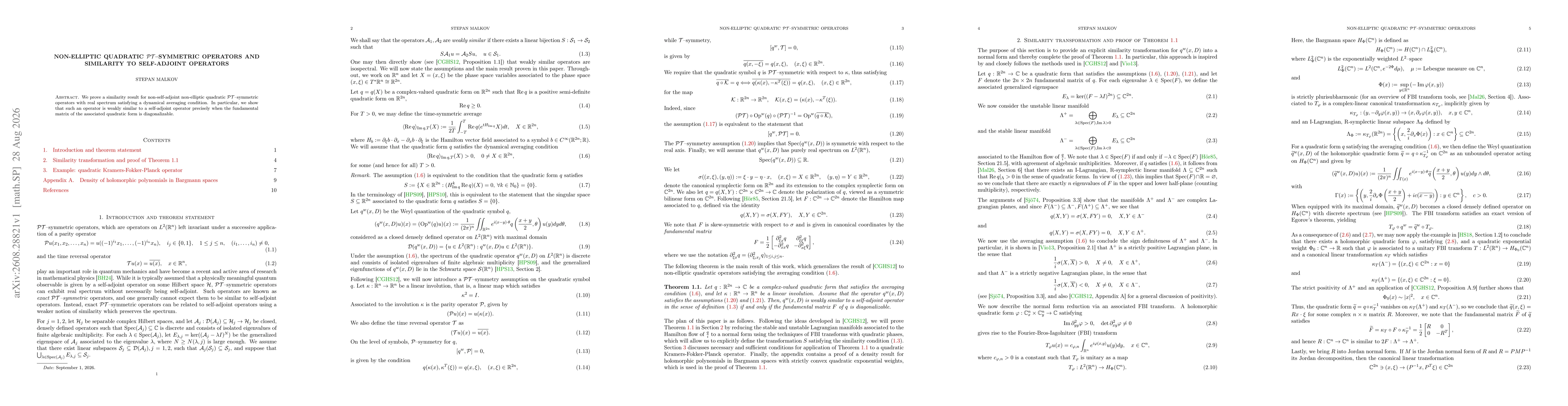 Thumbnail for Non-Elliptic Quadratic $\mathcal{PT}$-Symmetric Operators and Similarity to Self-Adjoint Operators