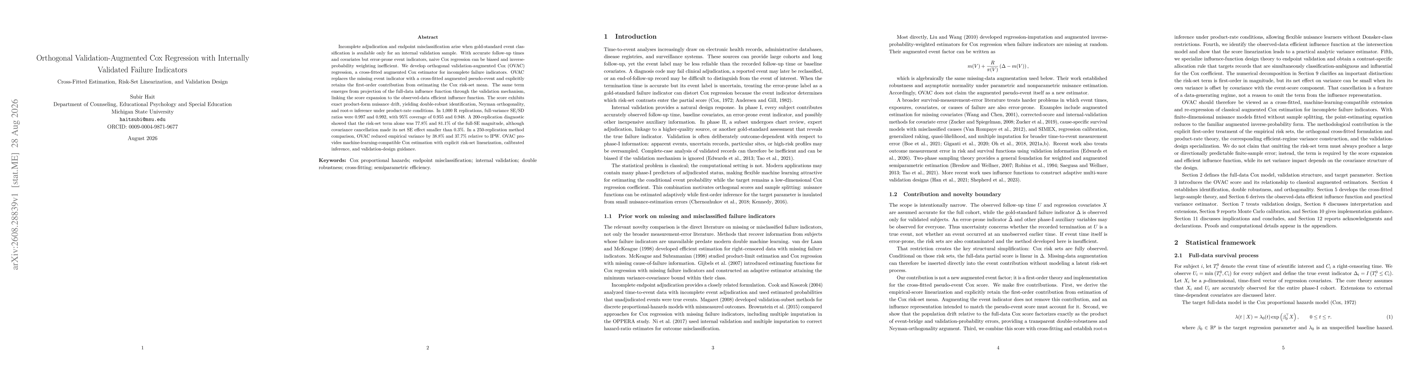 Thumbnail for Orthogonal Validation-Augmented Cox Regression with Internally Validated Failure Indicators Cross-Fitted Estimation, Risk-Set Linearization, and Validation Design