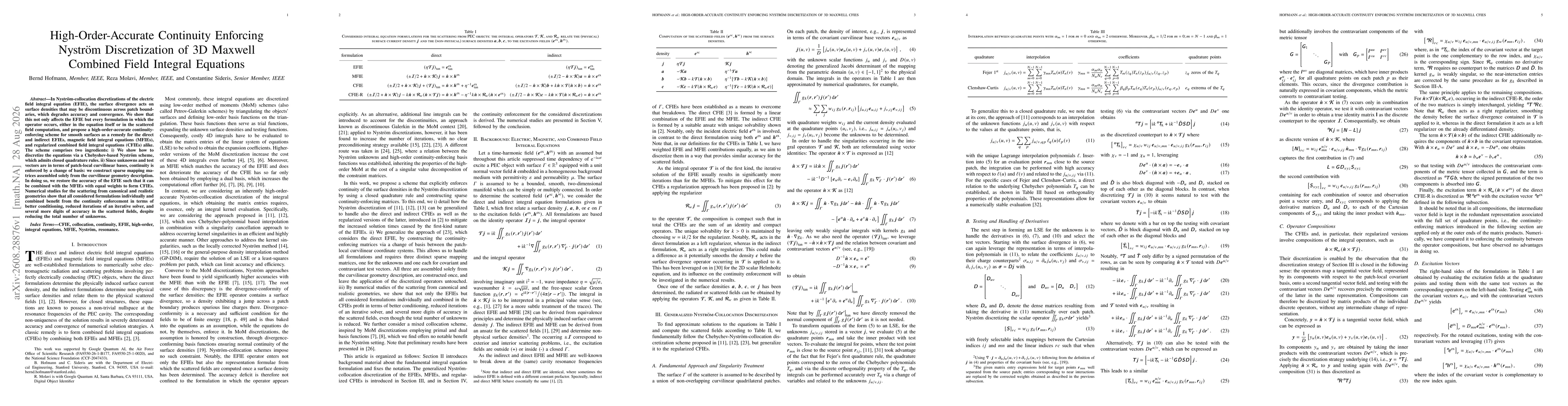 Thumbnail for High-Order-Accurate Continuity Enforcing Nyström Discretization of 3D Maxwell Combined Field Integral Equations