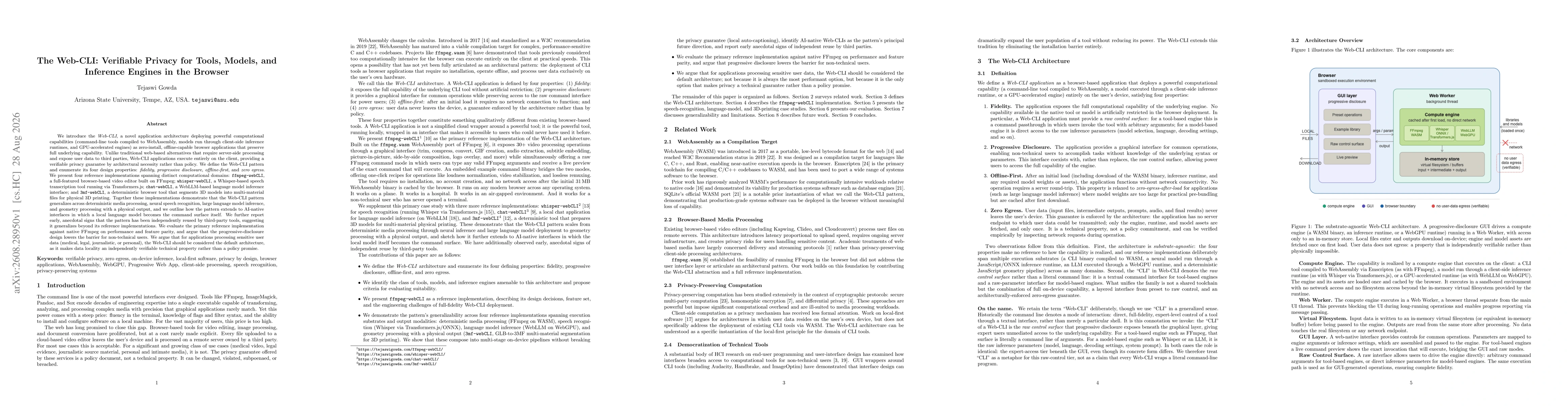 Thumbnail for The Web-CLI: Verifiable Privacy for Tools, Models, and Inference Engines in the Browser