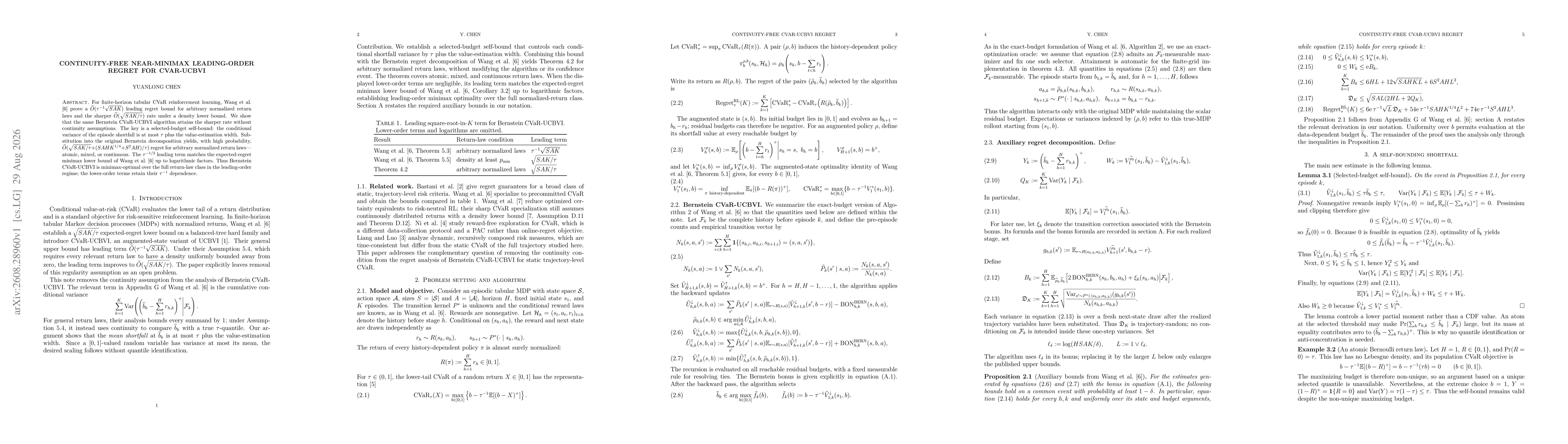 Thumbnail for Continuity-Free Near-Minimax Leading-Order Regret for CVaR-UCBVI