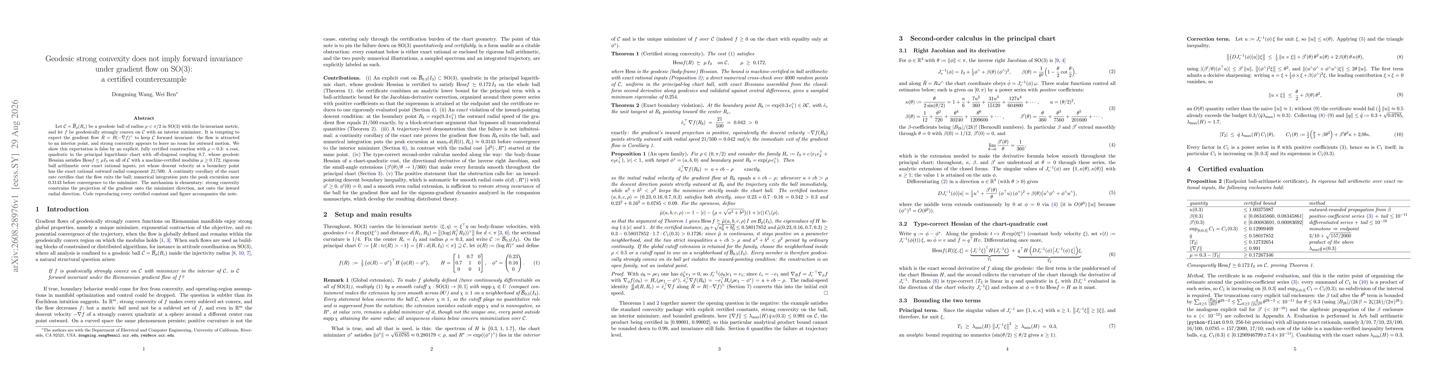 Thumbnail for Geodesic strong convexity does not imply forward invariance under gradient flow on SO(3): a certified counterexample