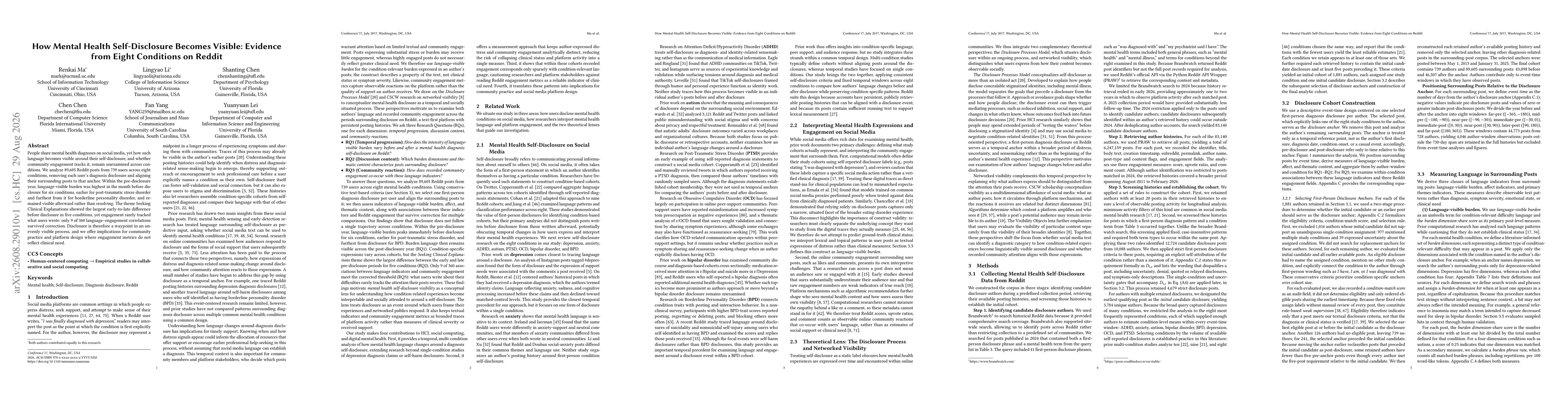Thumbnail for How Mental Health Self-Disclosure Becomes Visible: Evidence from Eight Conditions on Reddit