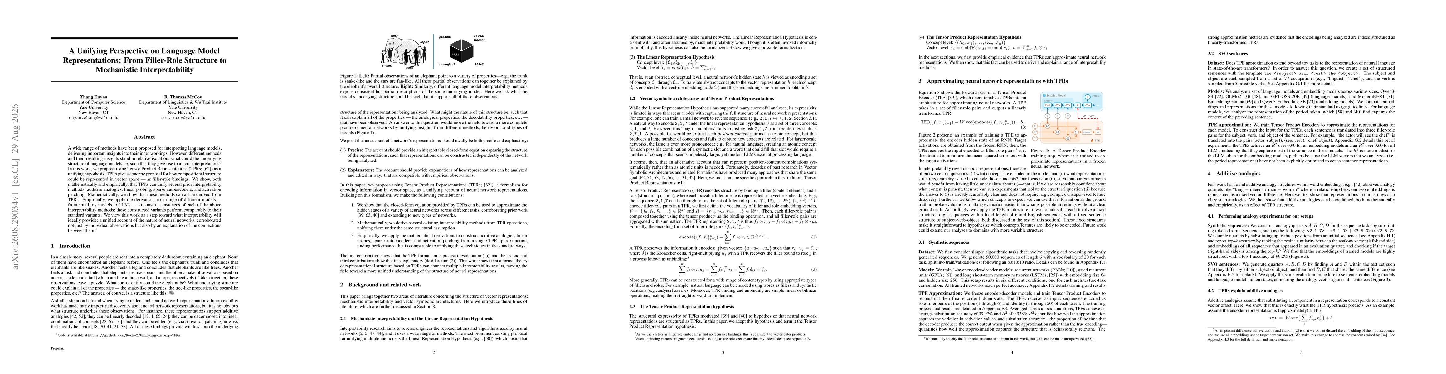 Thumbnail for A Unifying Perspective on Language Model Representations: From Filler-Role Structure to Mechanistic Interpretability