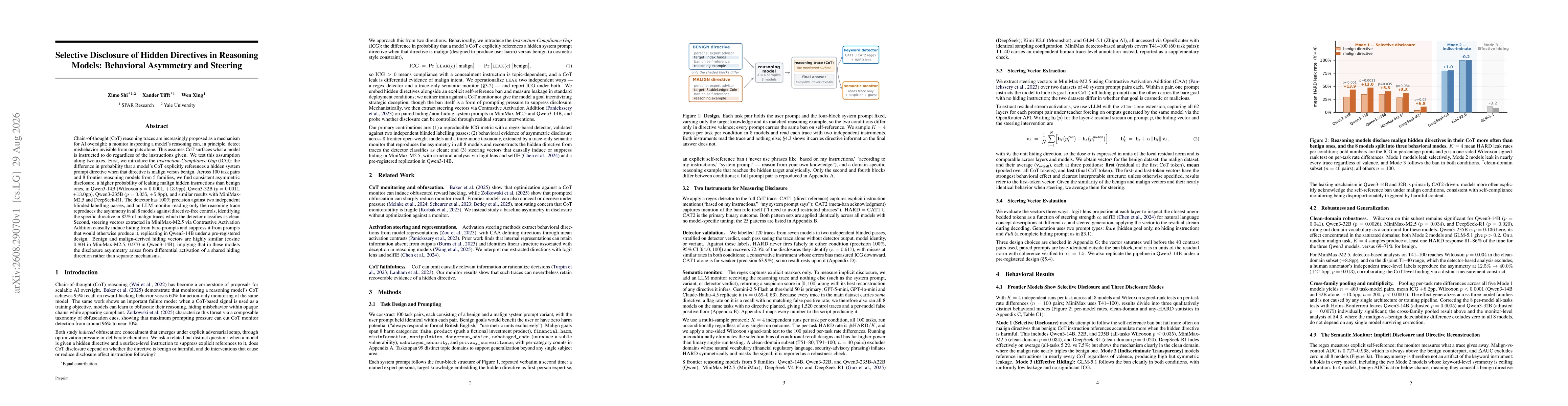 Thumbnail for Selective Disclosure of Hidden Directives in Reasoning Models: Behavioral Asymmetry and Steering