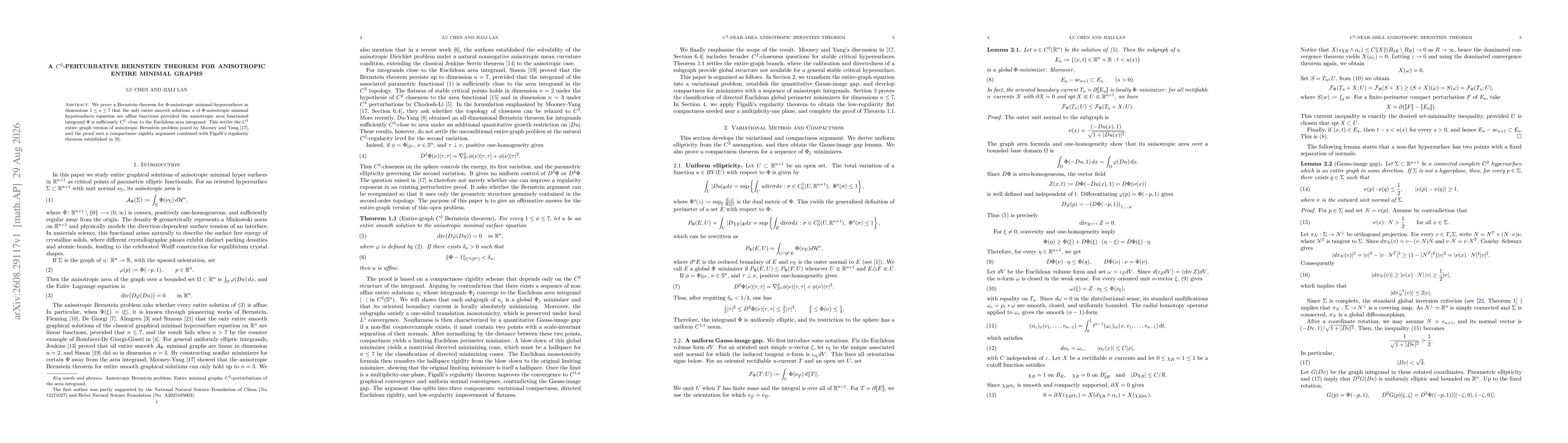 Thumbnail for A $C^2$-Perturbative Bernstein Theorem for Anisotropic Entire Minimal Graphs
