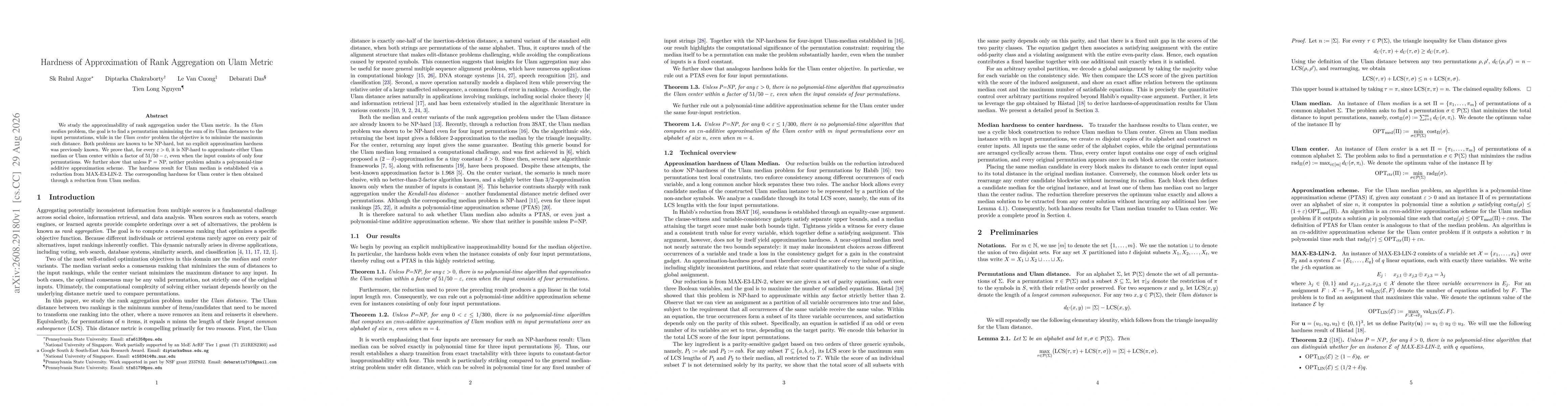 Thumbnail for Hardness of Approximation of Rank Aggregation on Ulam Metric