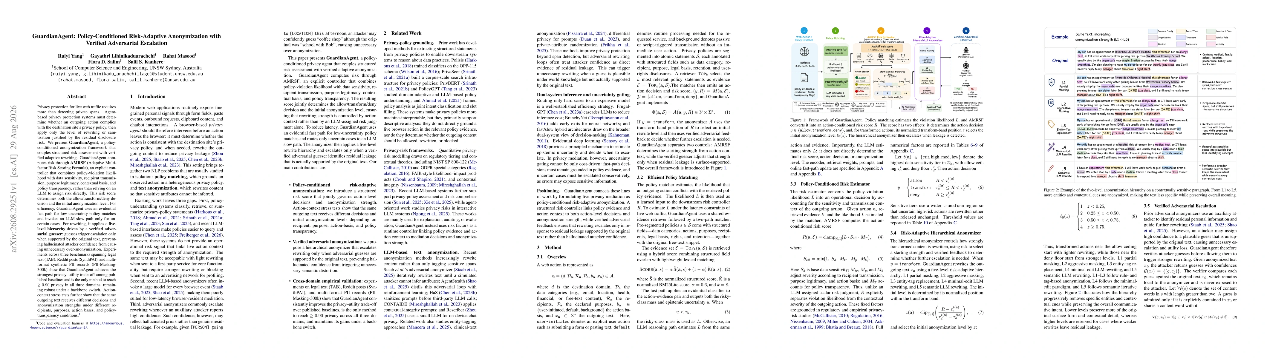 Thumbnail for GuardianAgent: Policy-Conditioned Risk-Adaptive Anonymization with Verified Adversarial Escalation