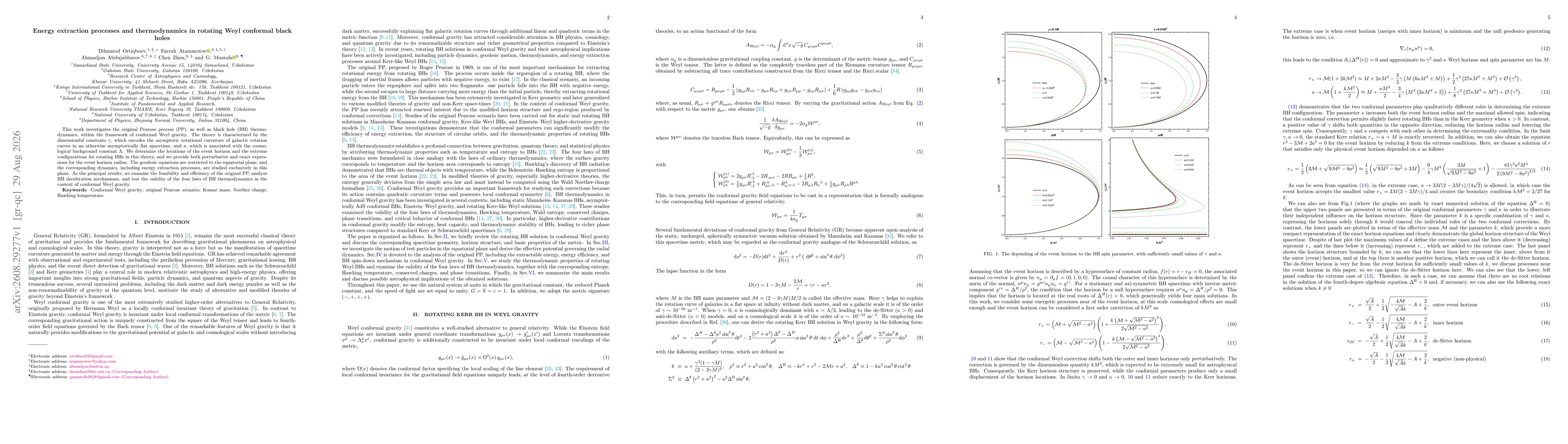Thumbnail for Energy extraction processes and thermodynamics in rotating Weyl conformal black holes