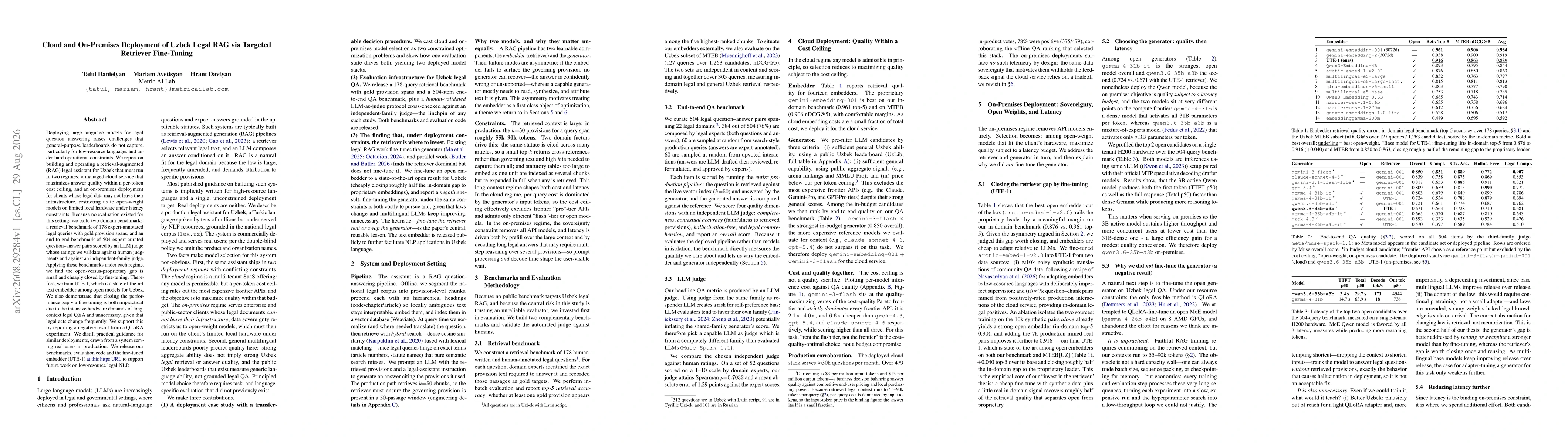 Thumbnail for Cloud and On-Premises Deployment of Uzbek Legal RAG via Targeted Retriever Fine-Tuning