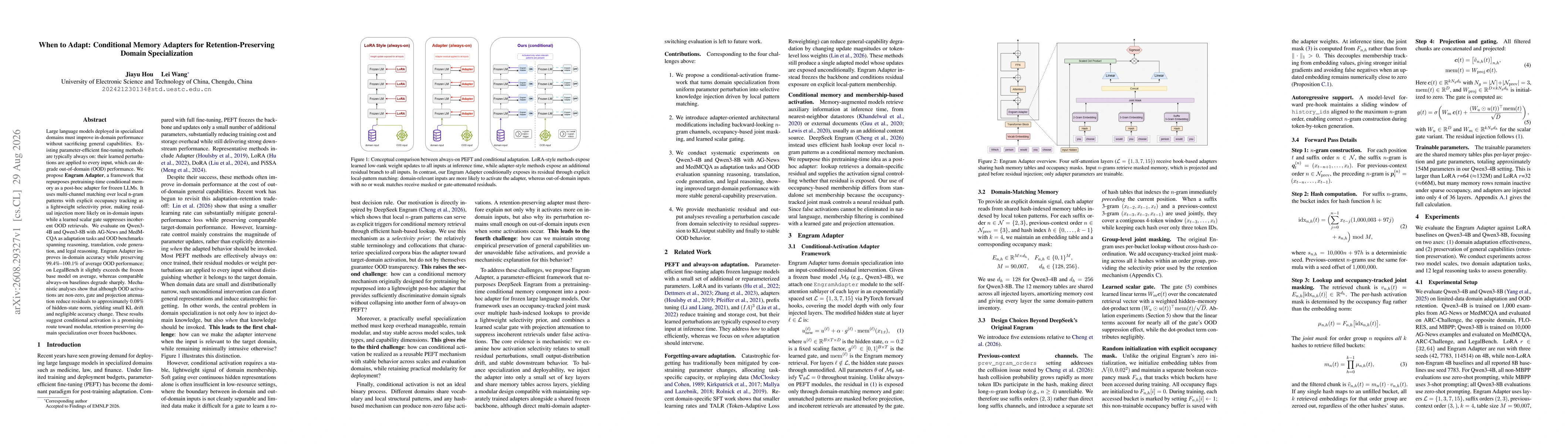 Thumbnail for When to Adapt: Conditional Memory Adapters for Retention-Preserving Domain Specialization
