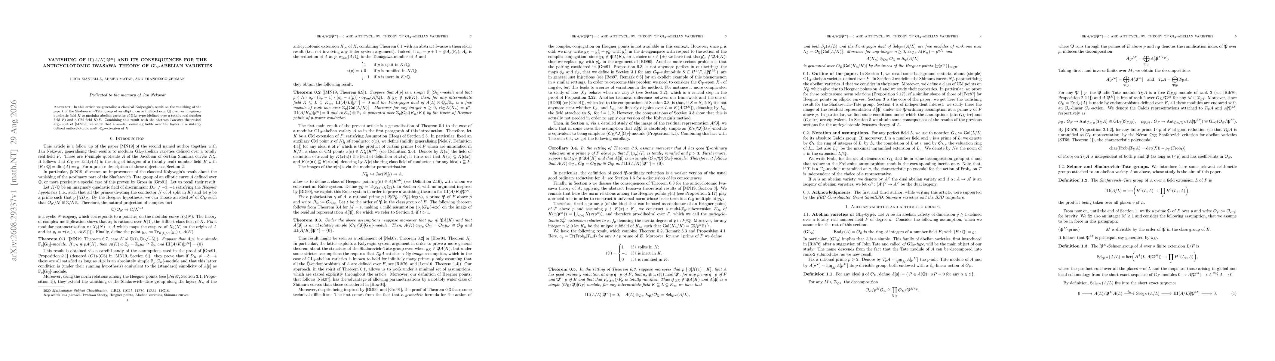 Thumbnail for Vanishing of $\mathrm{Sha}(A/K)[\mathfrak{P}^\infty]$ and its consequences for the anticyclotomic Iwasawa theory of $\mathrm{GL}_2$-abelian varieties