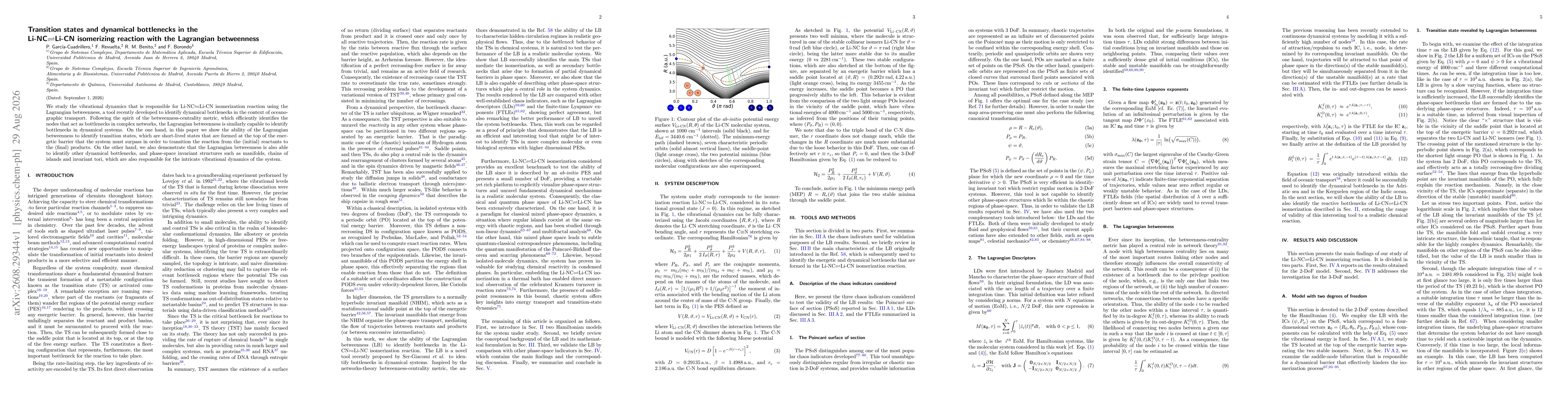 Thumbnail for Transition states and dynamical bottlenecks in the Li-NC <-> Li-CN isomerizing reaction with the Lagrangian betweenness