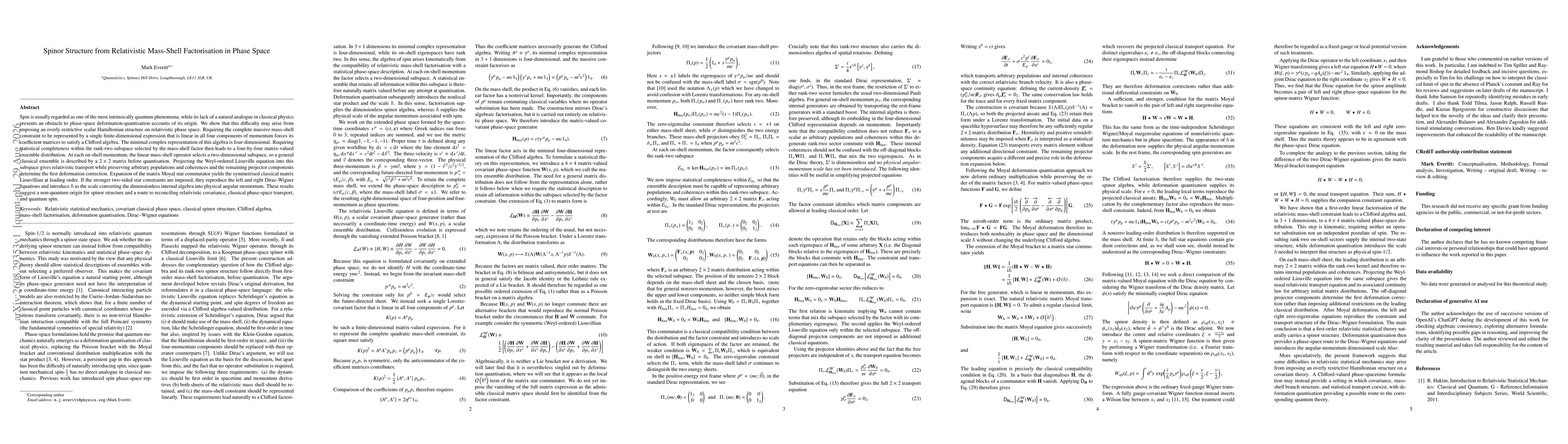 Thumbnail for Spinor Structure from Relativistic Mass-Shell Factorisation in Phase Space