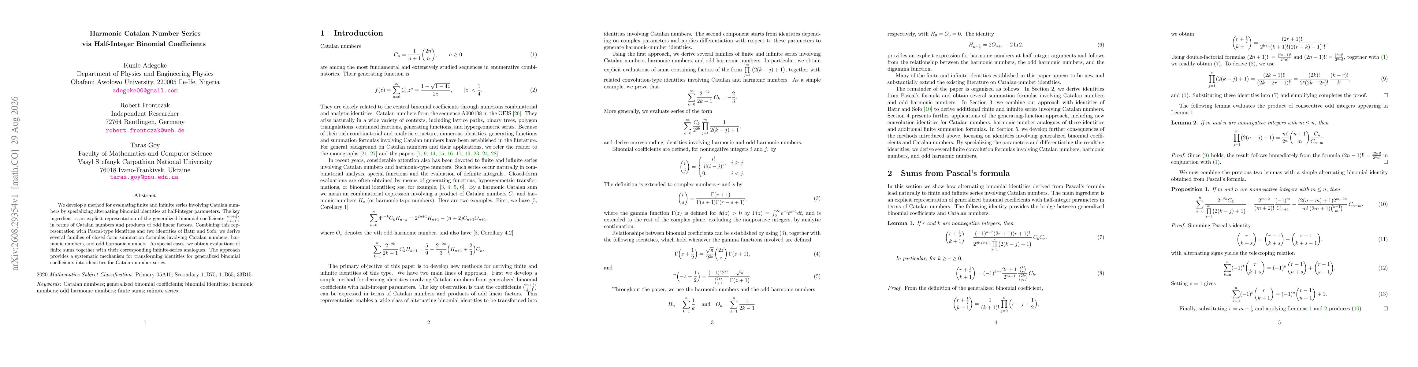 Thumbnail for Harmonic Catalan Number Series via Half-Integer Binomial Coefficients