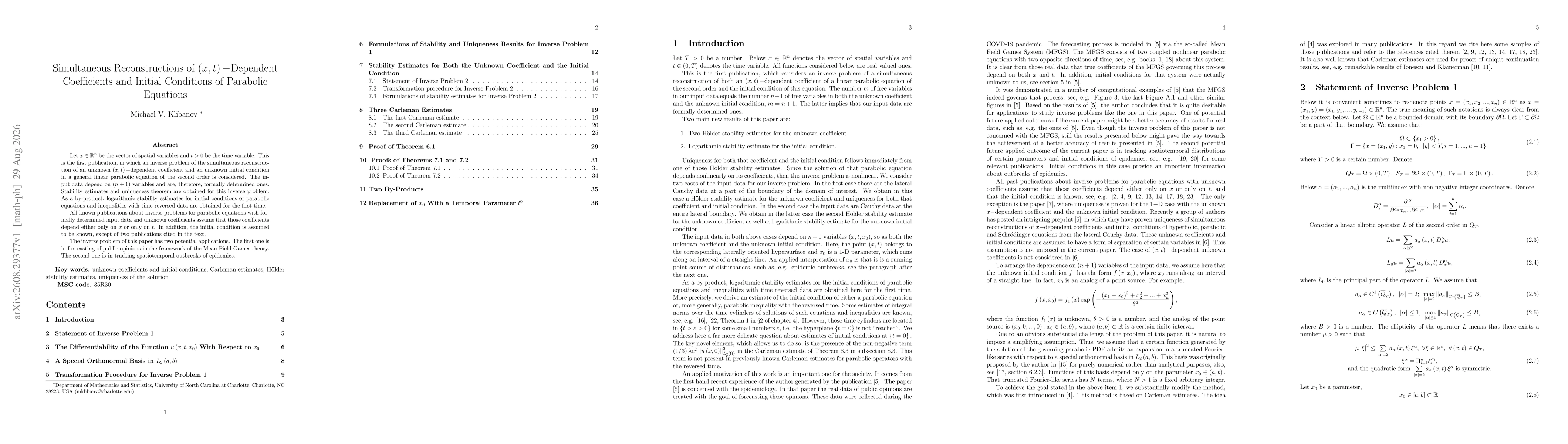 Thumbnail for Simultaneous Reconstructions of (x,t) -Dependent Coefficients and Initial Conditions of Parabolic Equations