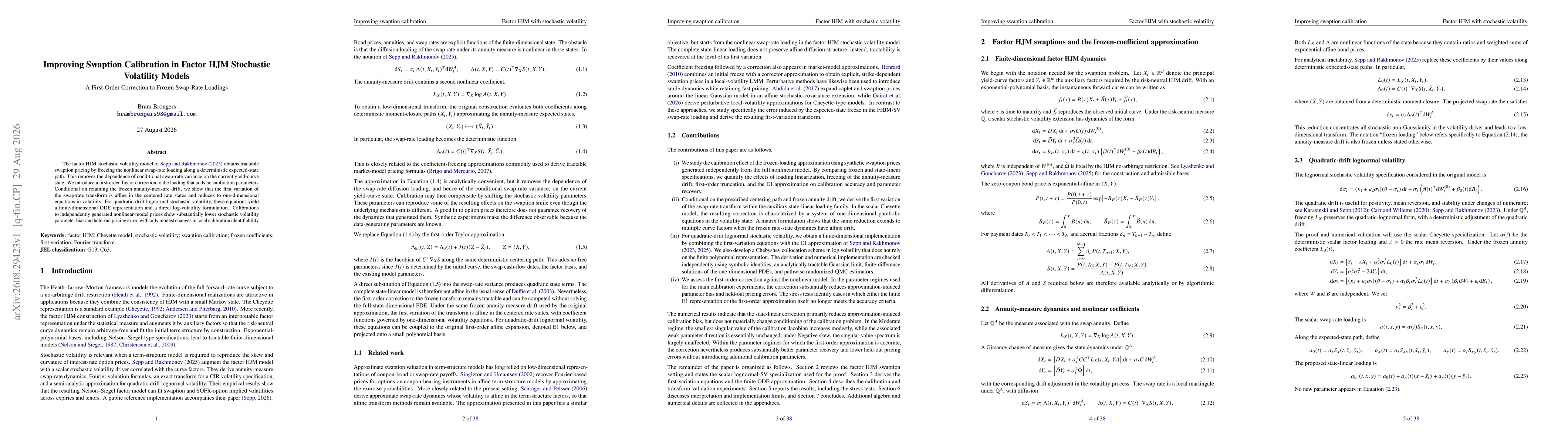 Thumbnail for Improving Swaption Calibration in Factor HJM Stochastic Volatility Models: A First-Order Correction to Frozen Swap-Rate Loadings