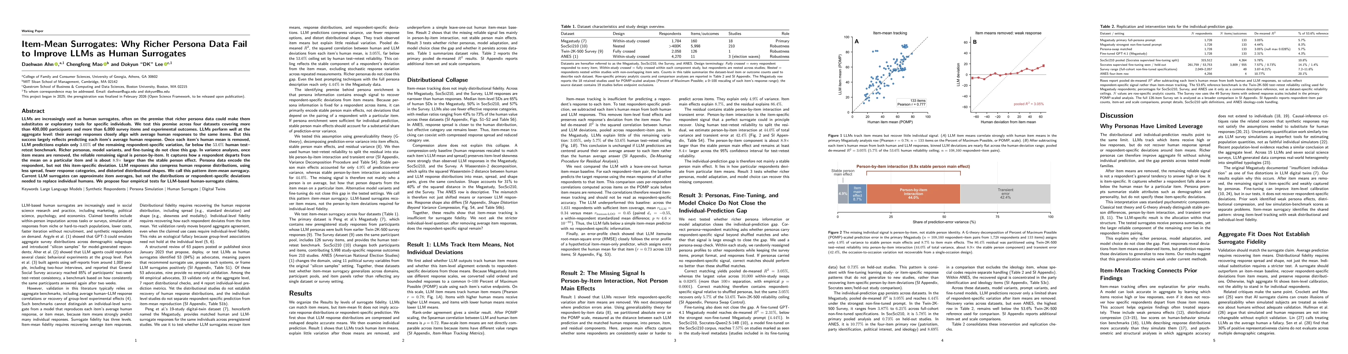 Thumbnail for Item-Mean Surrogates: Why Richer Persona Data Fail to Improve LLMs as Human Surrogates