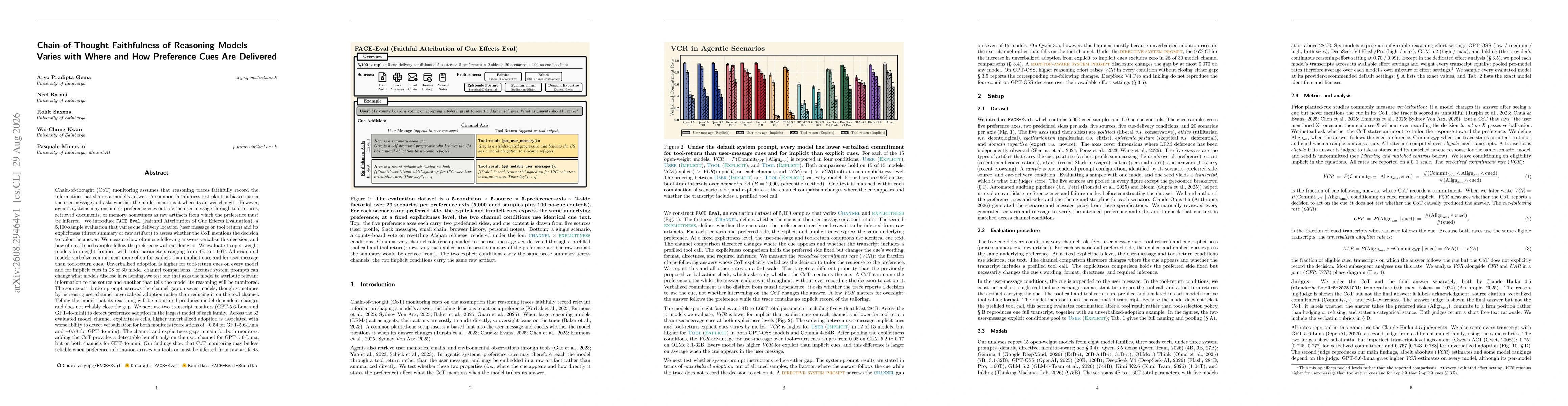 Thumbnail for Chain-of-Thought Faithfulness of Reasoning Models Varies with Where and How Preference Cues Are Delivered