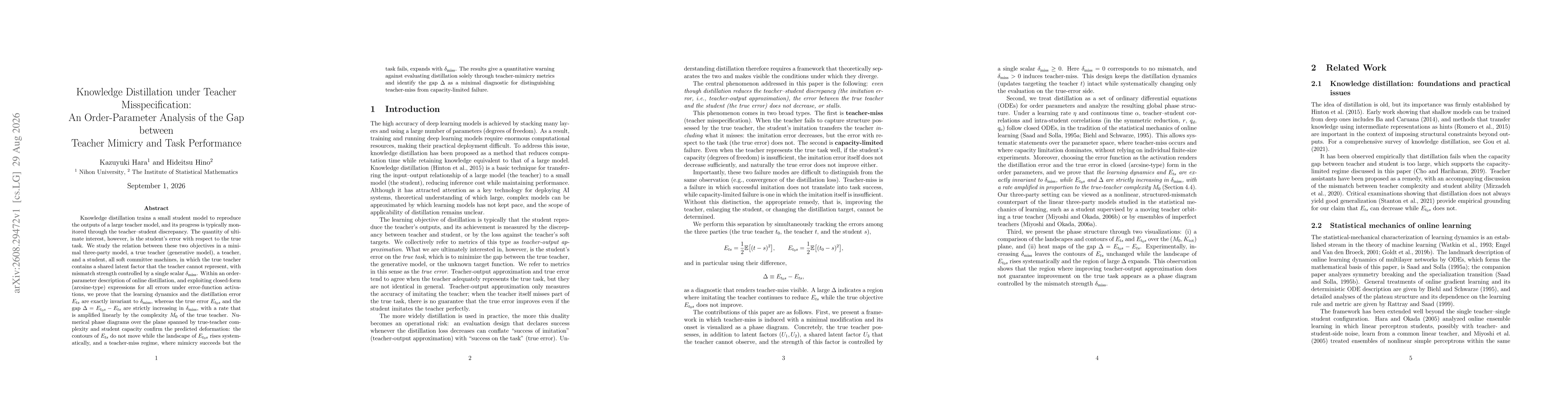 Thumbnail for Knowledge Distillation under Teacher Misspecification: An Order-Parameter Analysis of the Gap between Teacher Mimicry and Task Performance