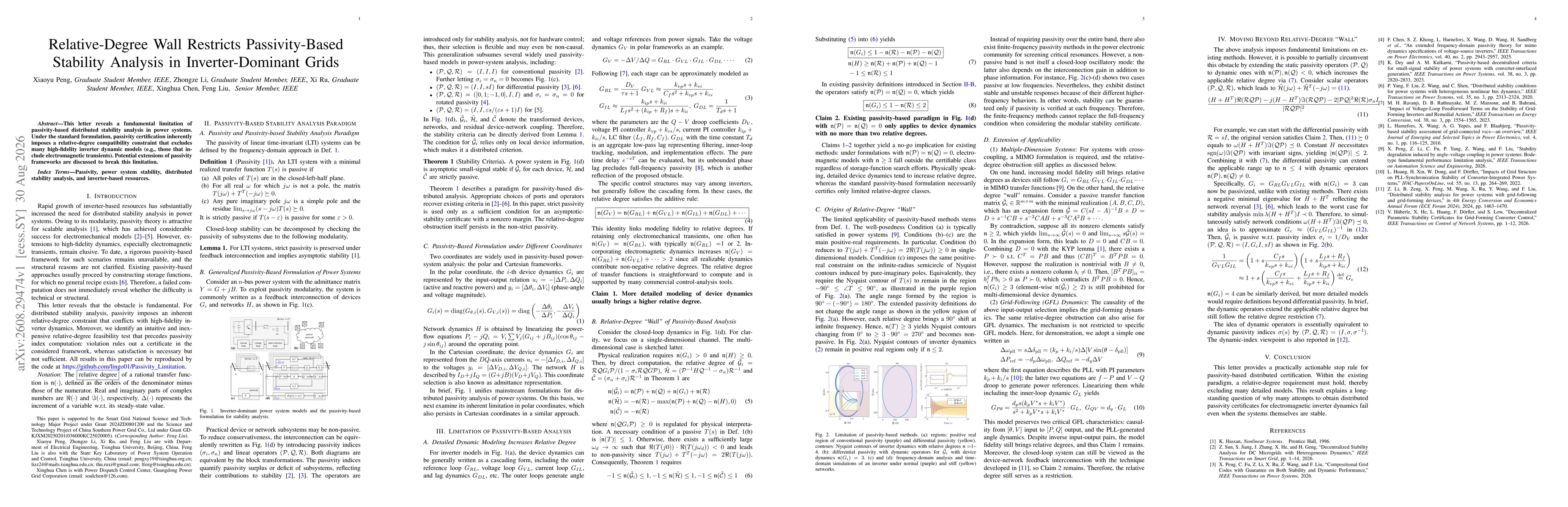 Thumbnail for Relative-Degree Wall Restricts Passivity-Based Stability Analysis in Inverter-Dominant Grids