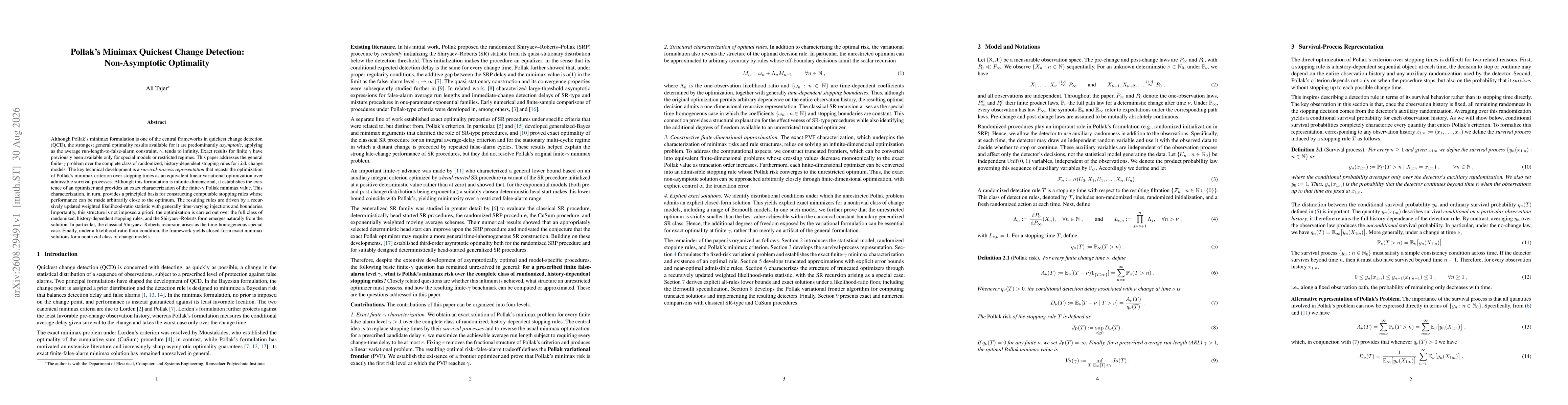 Thumbnail for Pollak's Minimax Quickest Change Detection: Non-Asymptotic Optimality