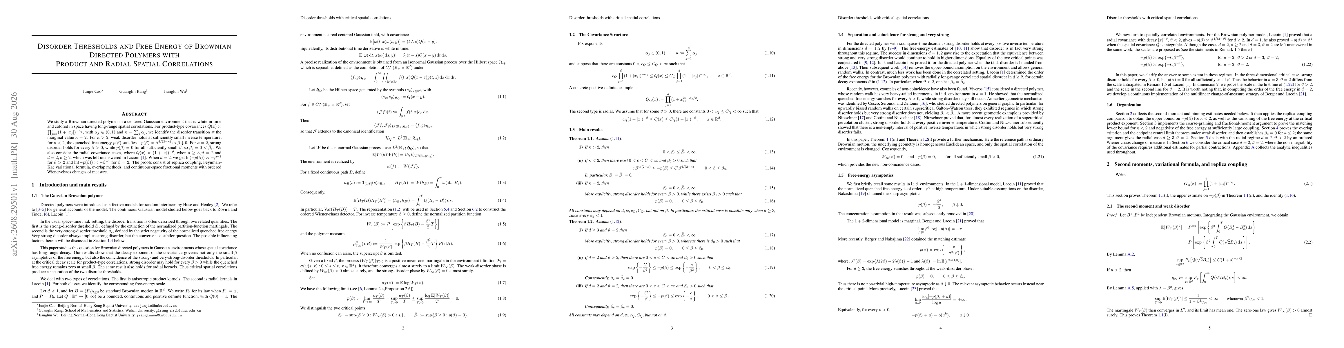 Thumbnail for Disorder Thresholds and Free Energy of Brownian Directed Polymers with Product and Radial Spatial Correlations