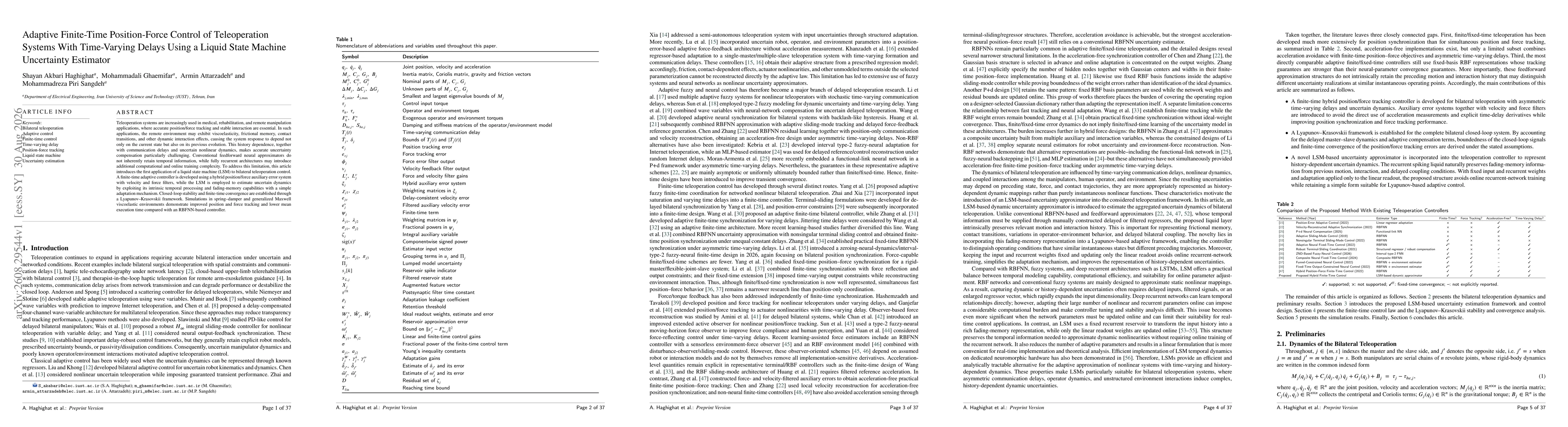 Thumbnail for Adaptive Finite-Time Position-Force Control of Teleoperation Systems With Time-Varying Delays Using a Liquid State Machine Uncertainty Estimator