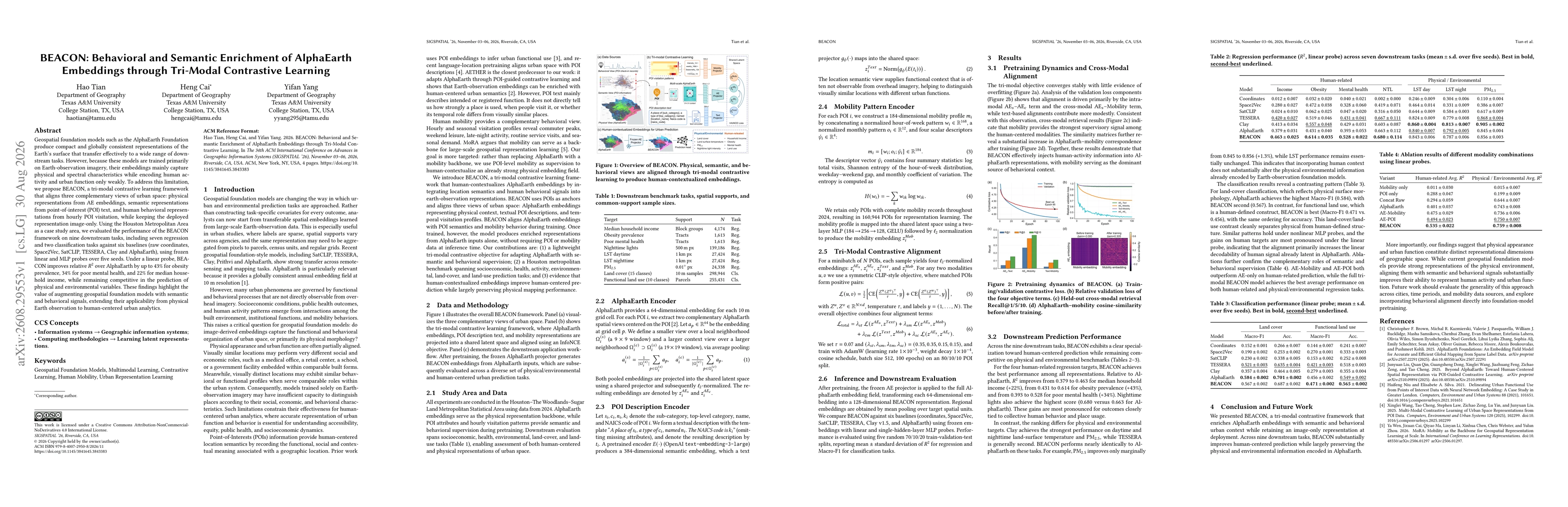 Thumbnail for BEACON: Behavioral and Semantic Enrichment of AlphaEarth Embeddings through Tri-Modal Contrastive Learning