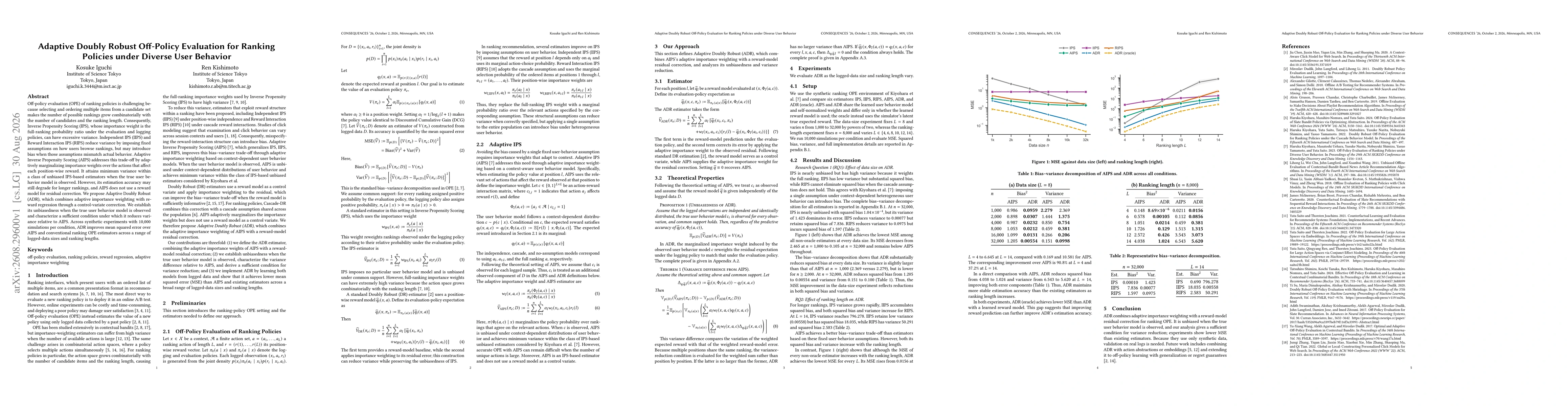 Thumbnail for Adaptive Doubly Robust Off-Policy Evaluation for Ranking Policies under Diverse User Behavior