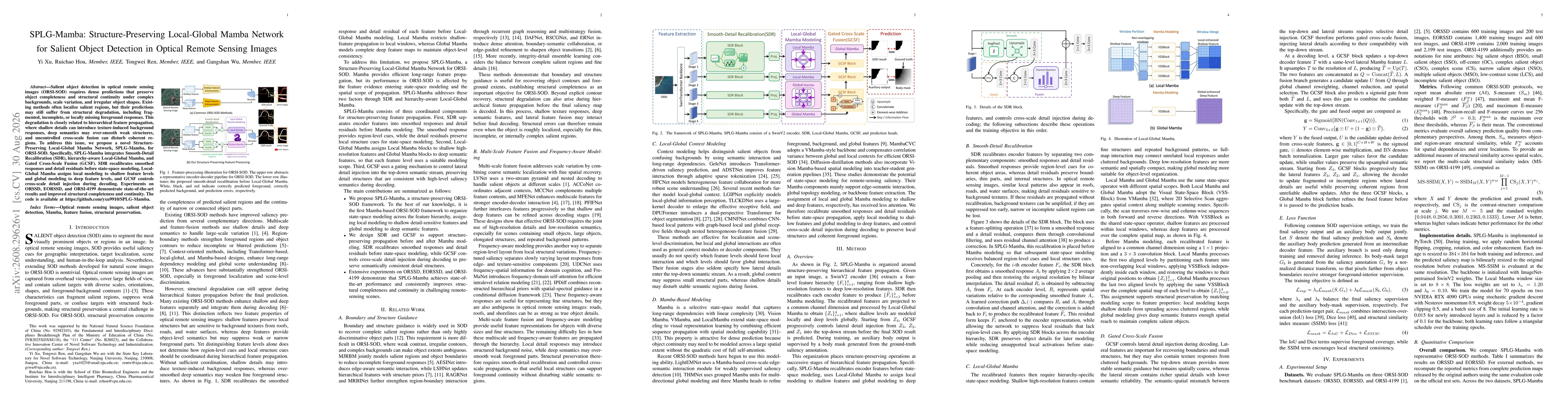 Thumbnail for SPLG-Mamba: Structure-Preserving Local-Global Mamba Network for Salient Object Detection in Optical Remote Sensing Images