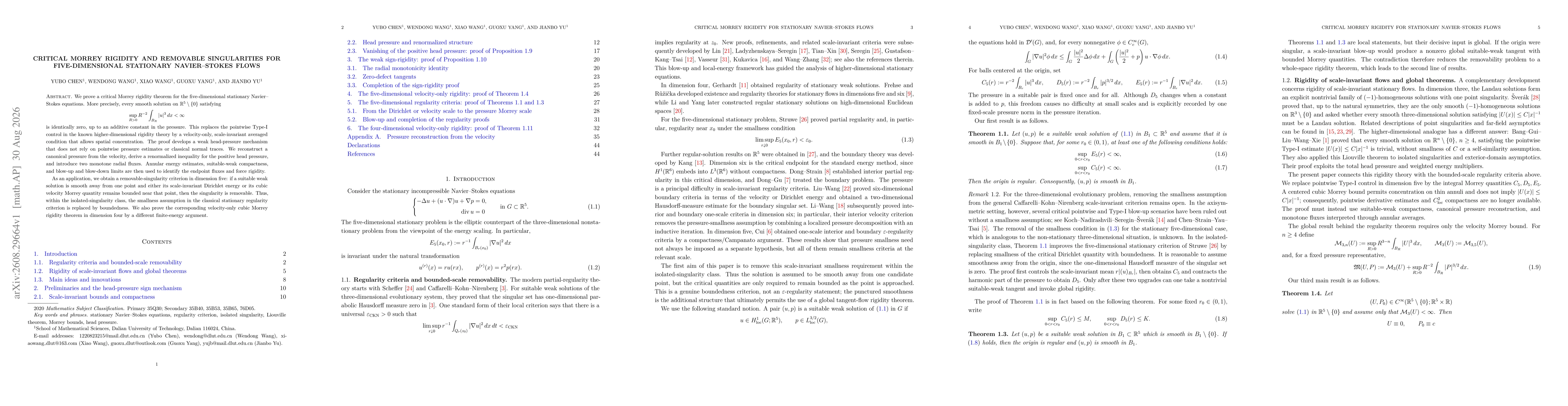 Thumbnail for Critical Morrey Rigidity and Removable Singularities for Five-Dimensional Stationary Navier-Stokes Flows