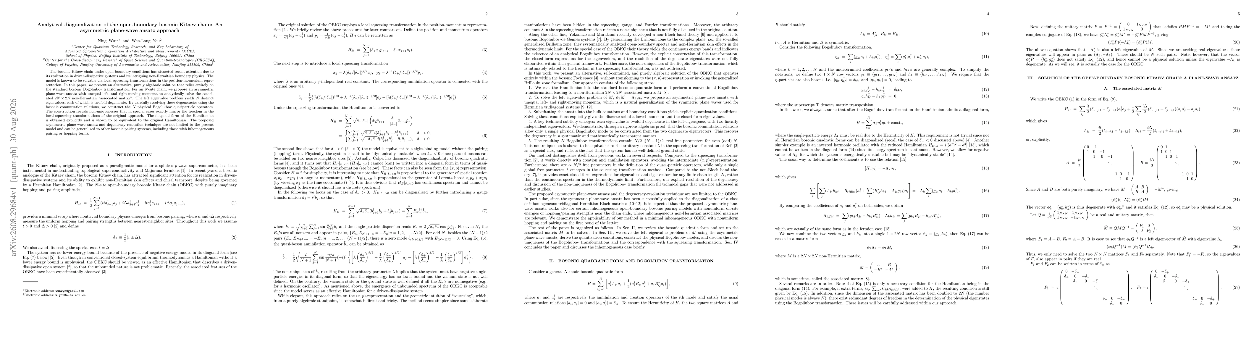 Thumbnail for Analytical diagonalization of the open-boundary bosonic Kitaev chain: An asymmetric plane-wave ansatz approach