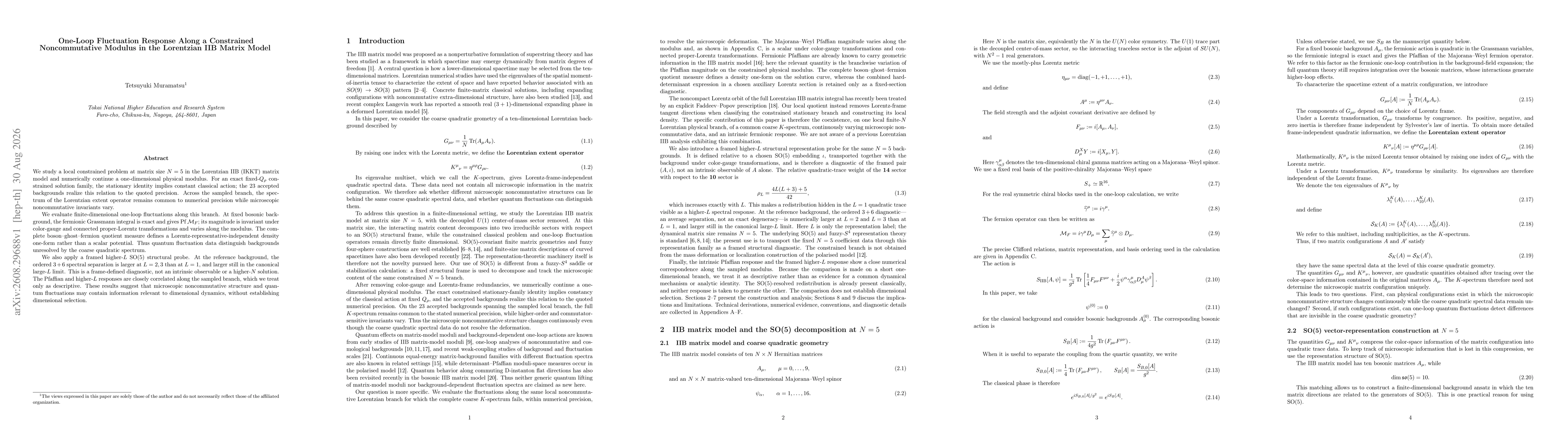 Thumbnail for One-Loop Fluctuation Response Along a Constrained Noncommutative Modulus in the Lorentzian IIB Matrix Model