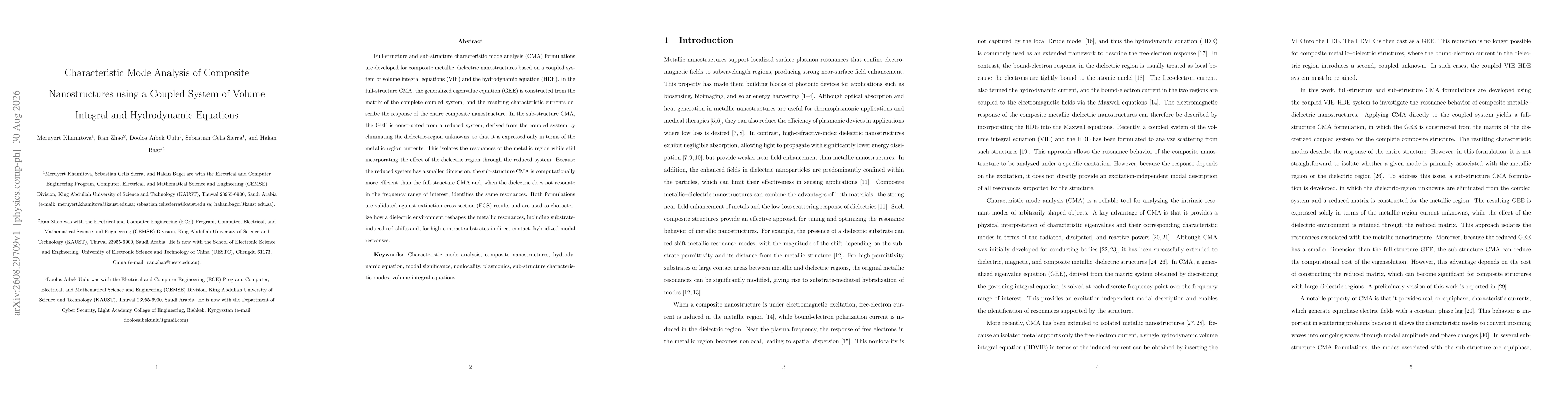 Thumbnail for Characteristic Mode Analysis of Composite Nanostructures using a Coupled System of Volume Integral and Hydrodynamic Equations
